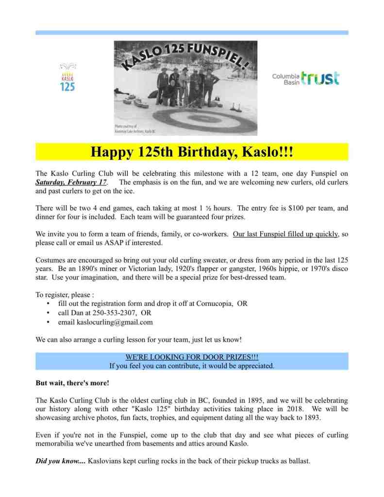 2018 Kaslo 125 Funspiel - Sponsors letter