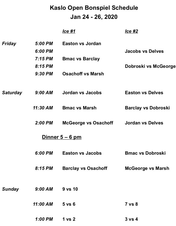 2020 Bonspiel Schedule