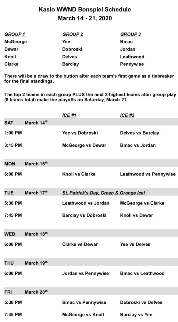 2020 WWND Bonspiel Schedule